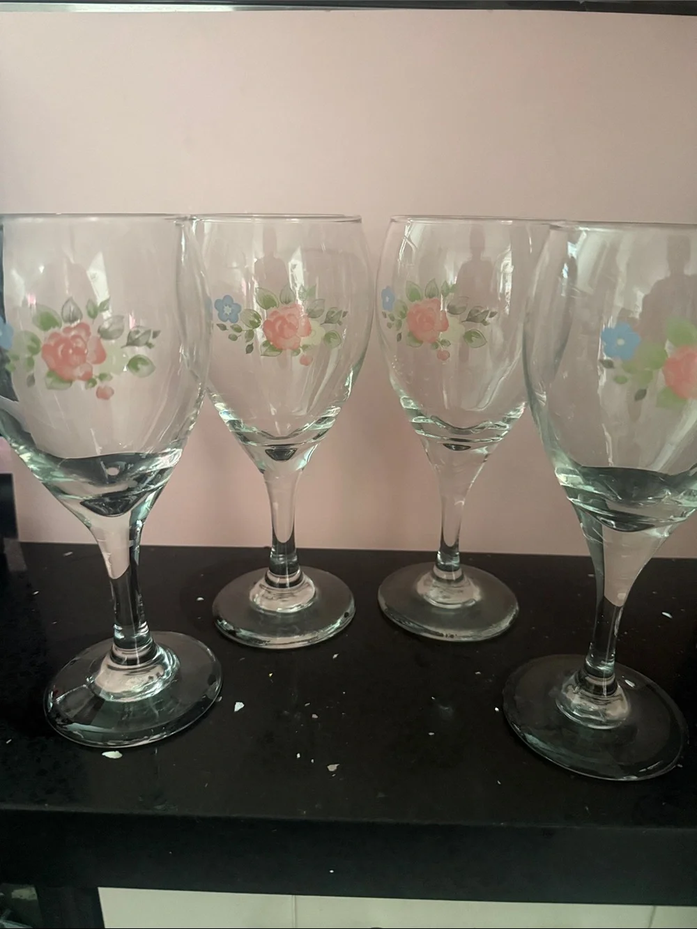 Floral Pink and Blue Wine Glasses - Set of 4